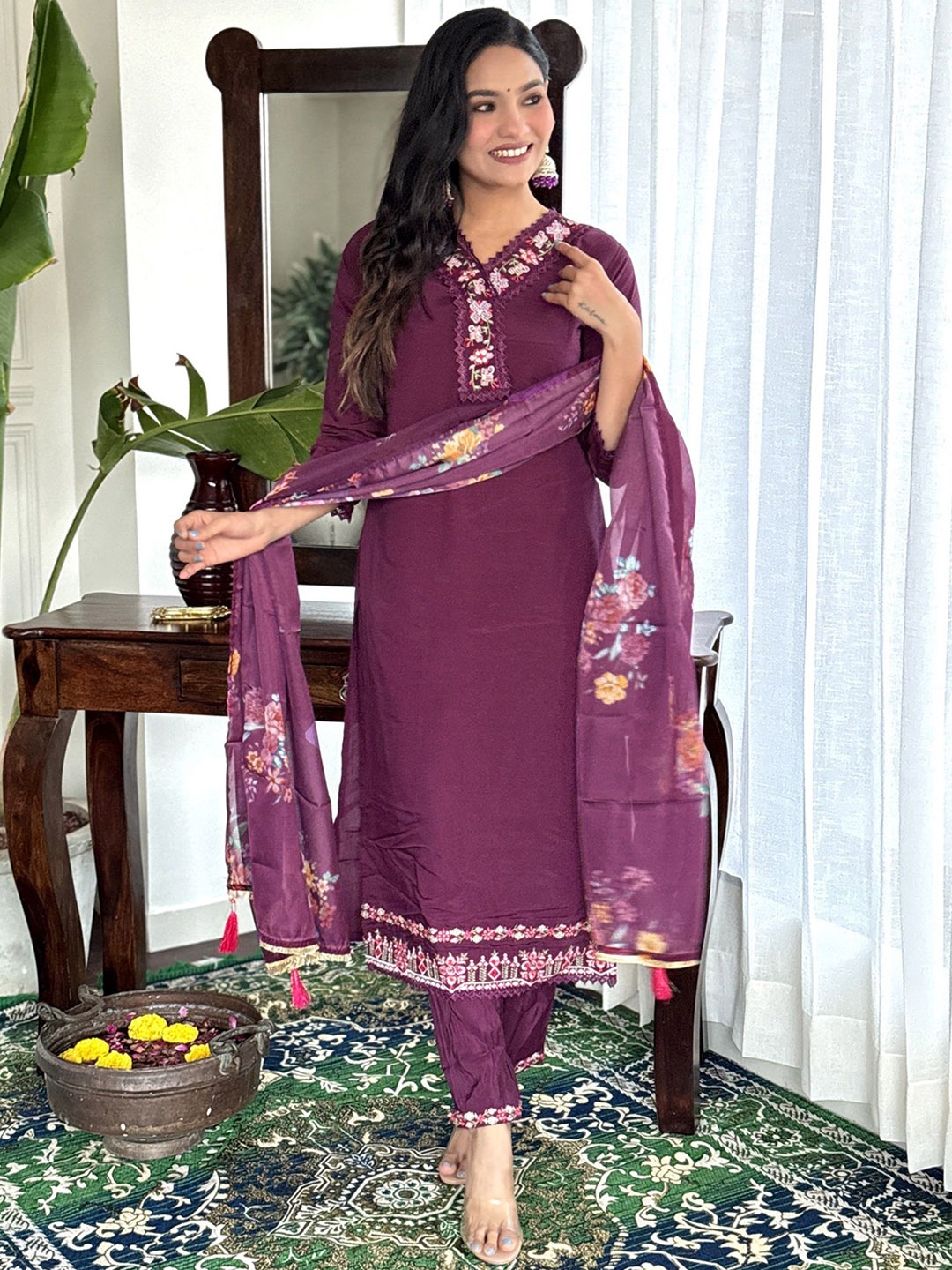 

KALINI Ethnic Motifs Embroidered Thread Work Chanderi Silk Kurta With Trouser & Dupatta, Magenta