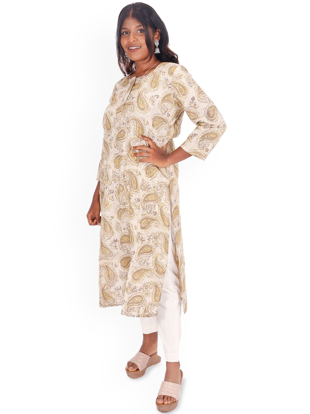 

Avishya Ethnic Motifs Printed Pure Cotton Straight Kurta, Beige