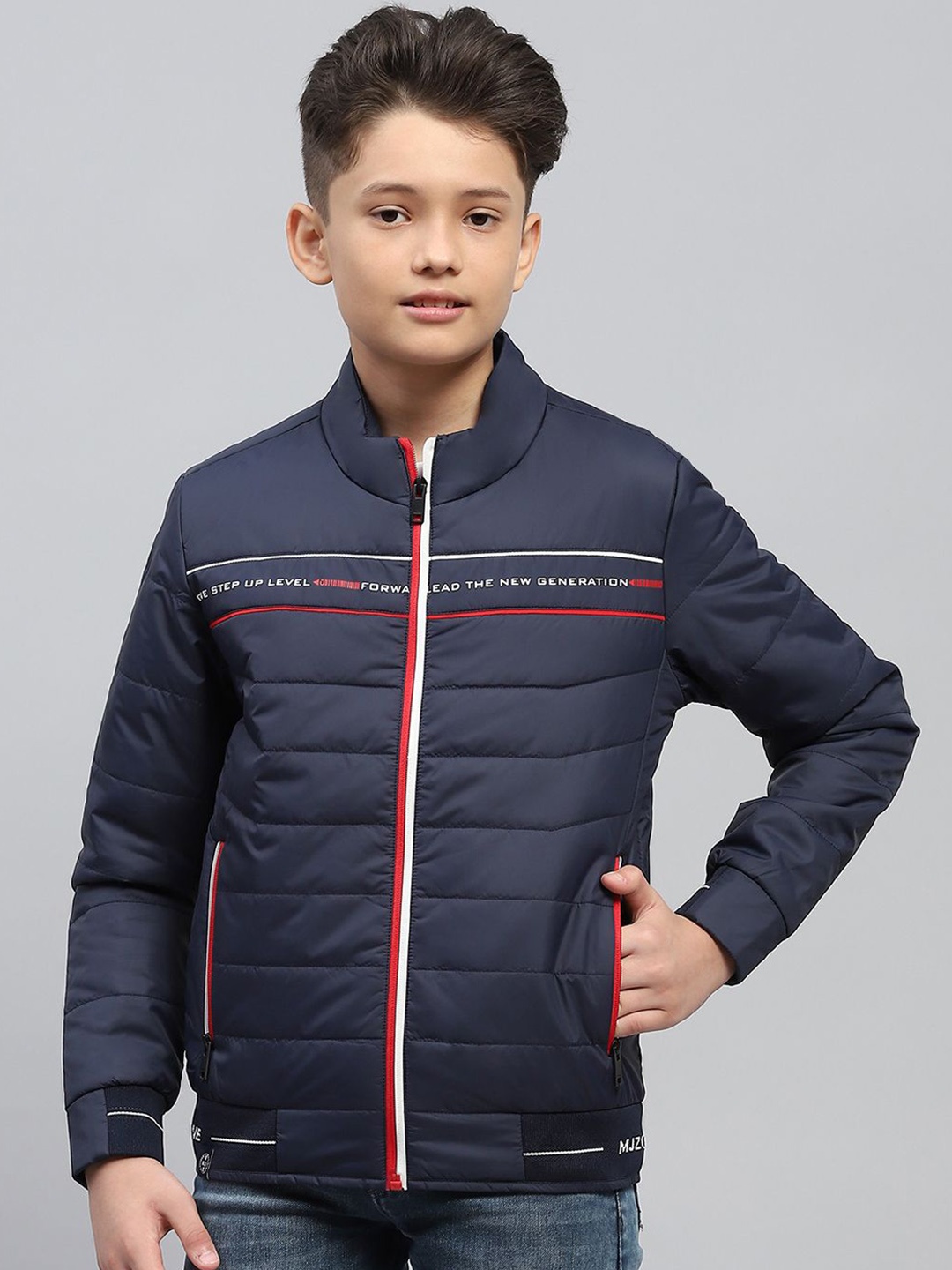 

Monte Carlo Boys Mock Collar Typography Printed Casual Padded Jacket, Navy blue