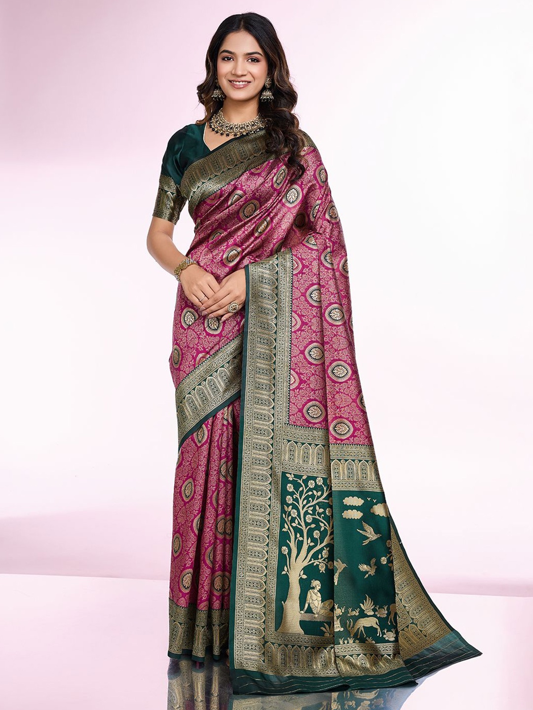 

RICH & ROMAN Woven Design Zari Pure Silk Banarasi Saree, Magenta
