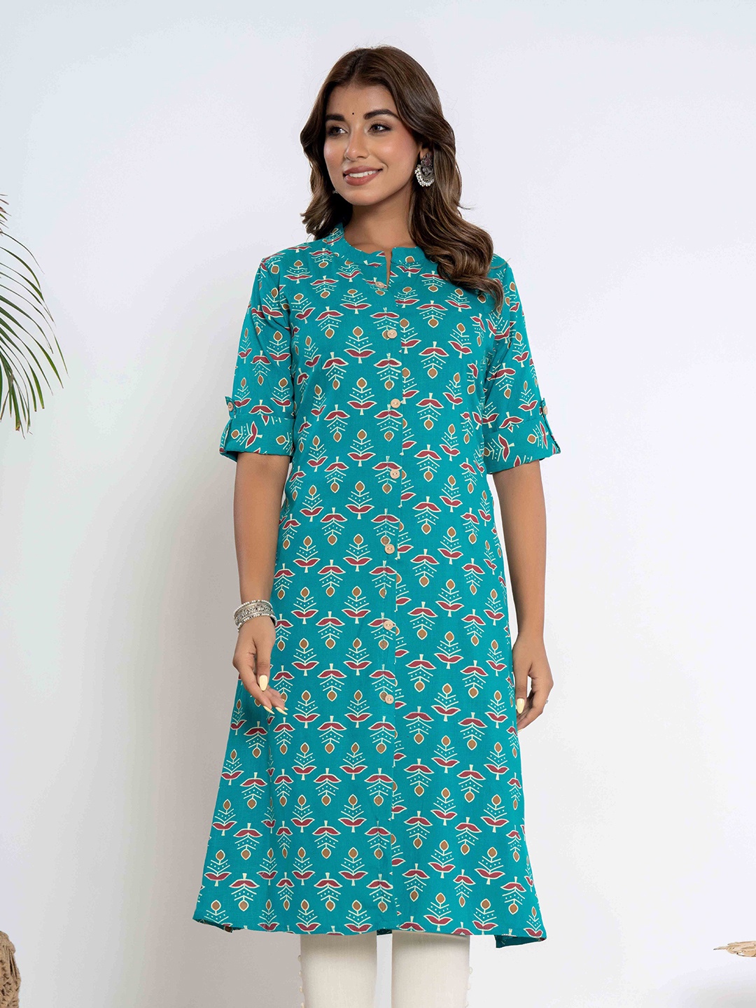 

DIZON Women Floral Printed Kurta, Turquoise blue