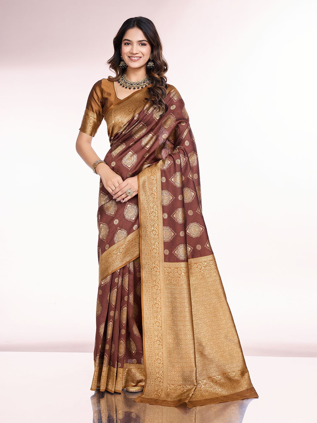 

RICH & ROMAN Woven Design Zari Pure Silk Banarasi Saree, Coffee brown