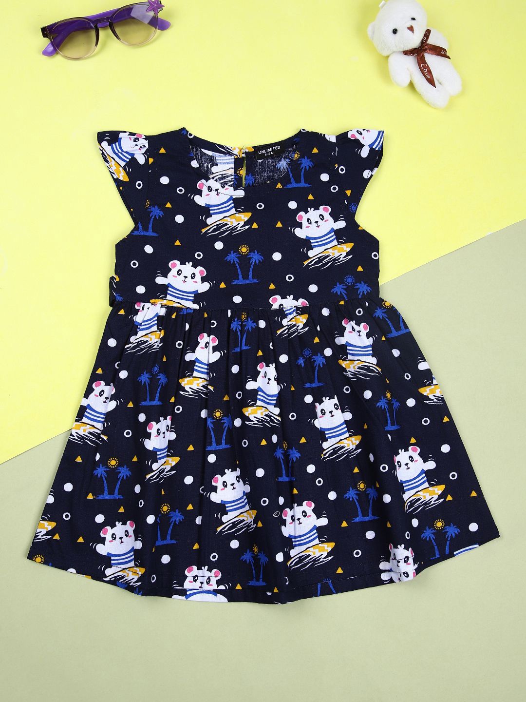 

V-Mart Girls Printed Fit & Flare Cotton Dress, Navy blue