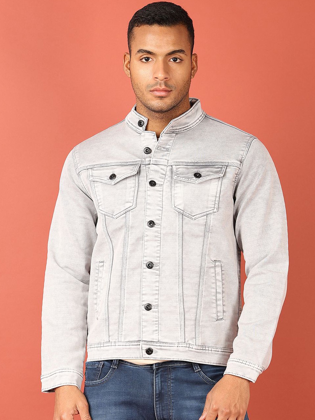 

V-Mart Men Stand Collar Solid Denim Casual Jacket, Grey