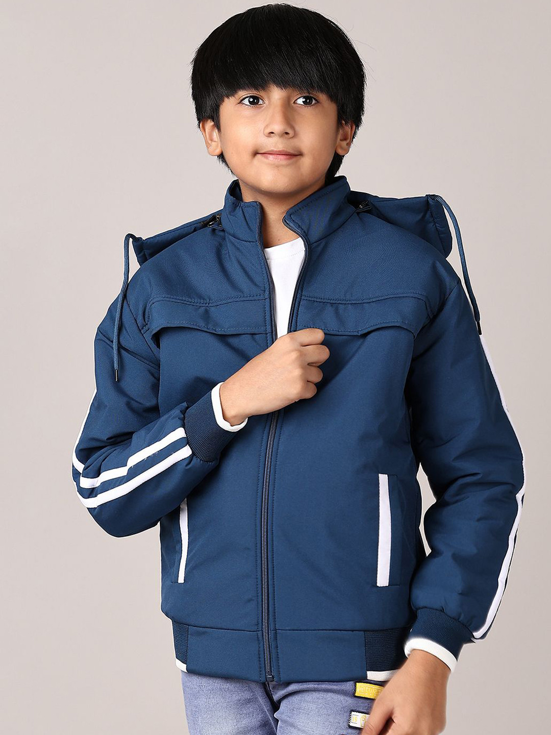 

V-Mart Boys Hooded Solid Cotton Casual Bomber Jacket, Blue