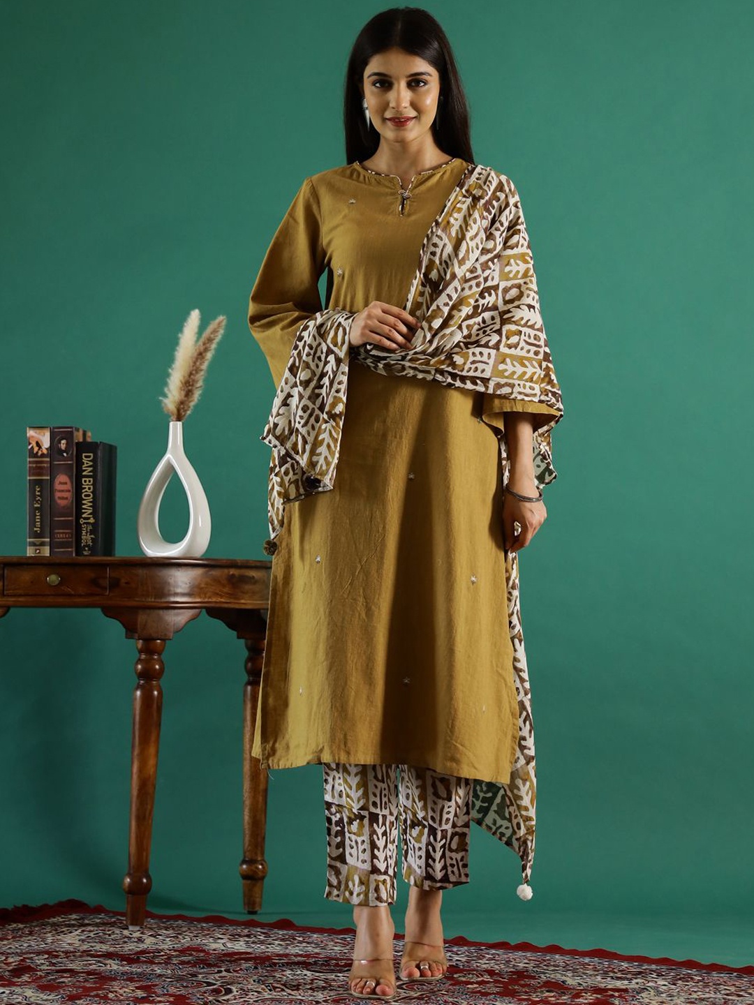 

RangDeep Floral Printed Thread Work Pure Cotton Kurta with Trouser & Dupatta, Mustard