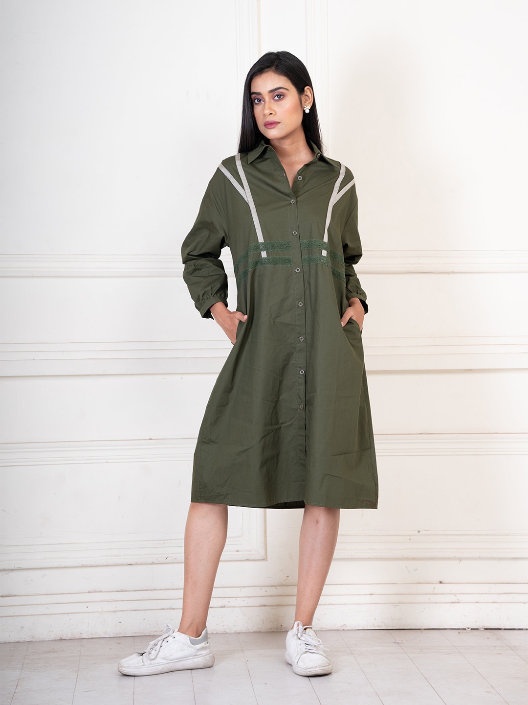 

Unityshop Women Cotton Shirt Collar Long Sleeves Shirt Dress, Green