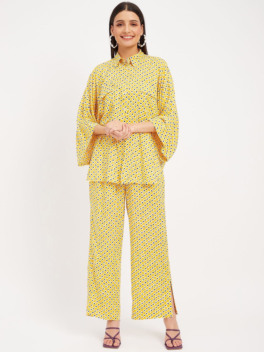 

Antimony Geometric Printed Shirt Collar Three-Quarter Sleeves Shirt & Trouser, Yellow