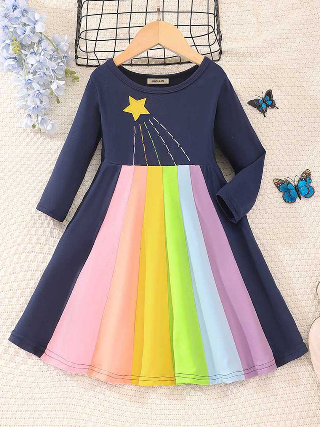 

INCLUD Girls Self Design Embroidered Fit & Flare Dress, Navy blue
