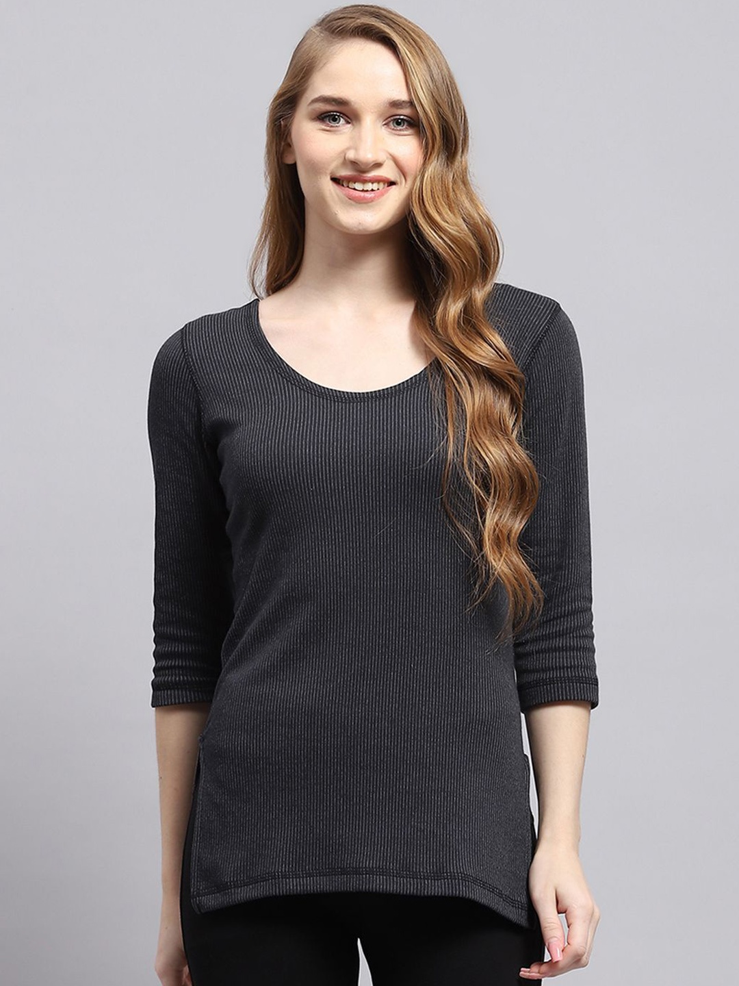 

Monte Carlo Women Cotton Round Neck Long Sleeves Ribbed Thermal Vest, Black