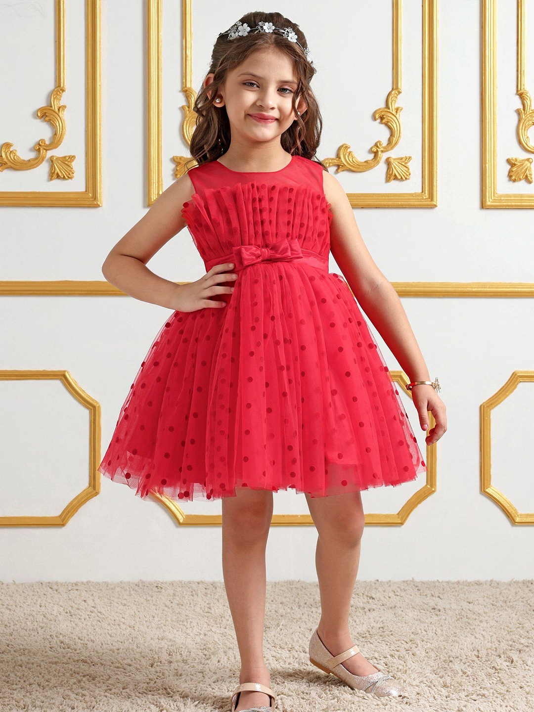 

Mark & Mia Girls Round Neck Flared Knee Length Dress, Red