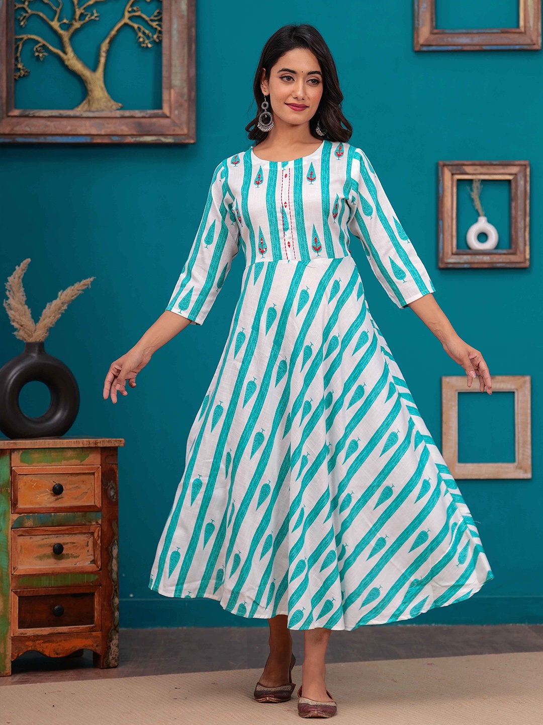 

DIZON Women Printed Fit and Flare Ethnic Dresses, Turquoise blue