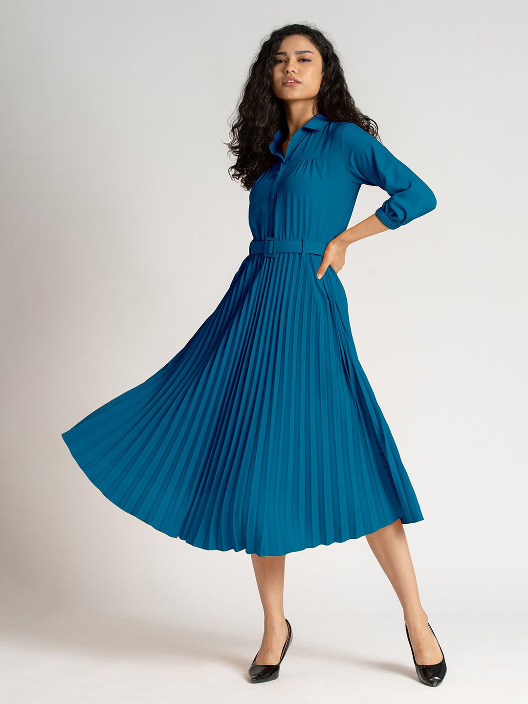 

Raiyani Enterprise Women Shirt Collar Accordion Pleats Fit & Flare Midi Dress, Blue