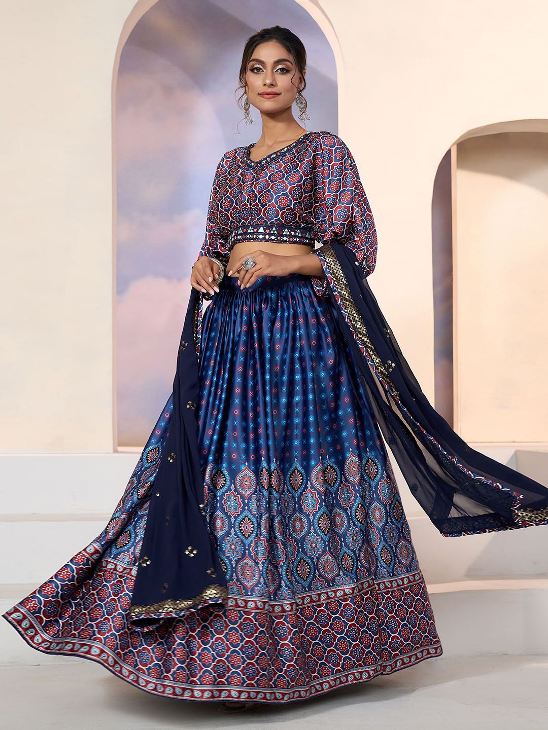 

Samyukta Singhania Printed Block Print Ready to Wear Lehenga & Blouse With Dupatta, Blue