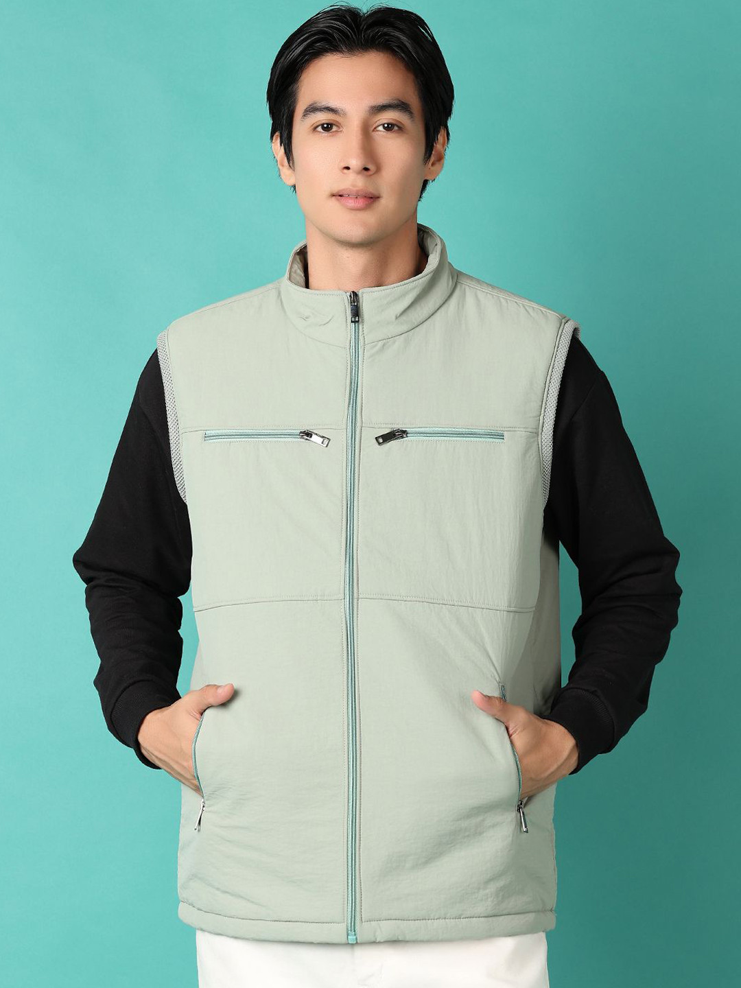 

V-Mart Men Mock Collar Solid Cotton Casual Bomber Jacket, Green