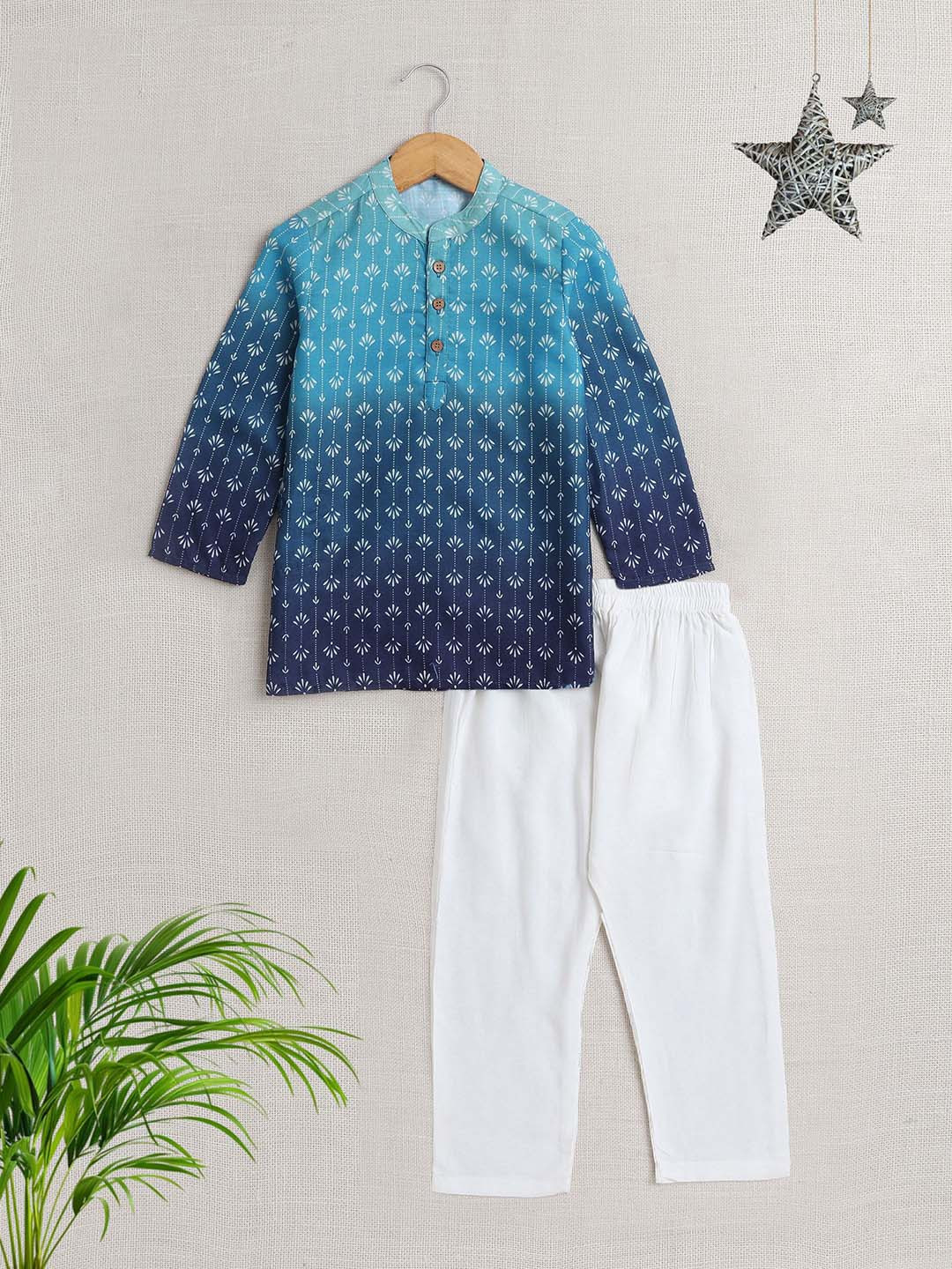 

The Magic Wand Boys Ethnic Motifs Printed Mandarin Collar Staright Kurta With Pyjamas, Blue