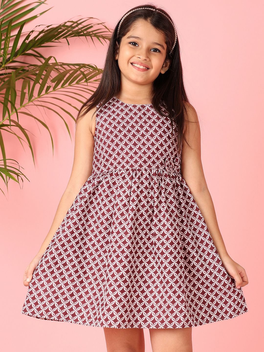 

V-Mart Girls Print Fit & Flare Dress, Brown