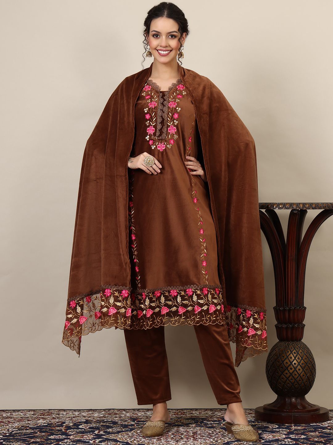 

Ziva Fashion Floral Embroidered Mirror Work Pure Wool Kurta With Trousers & Dupatta, Brown