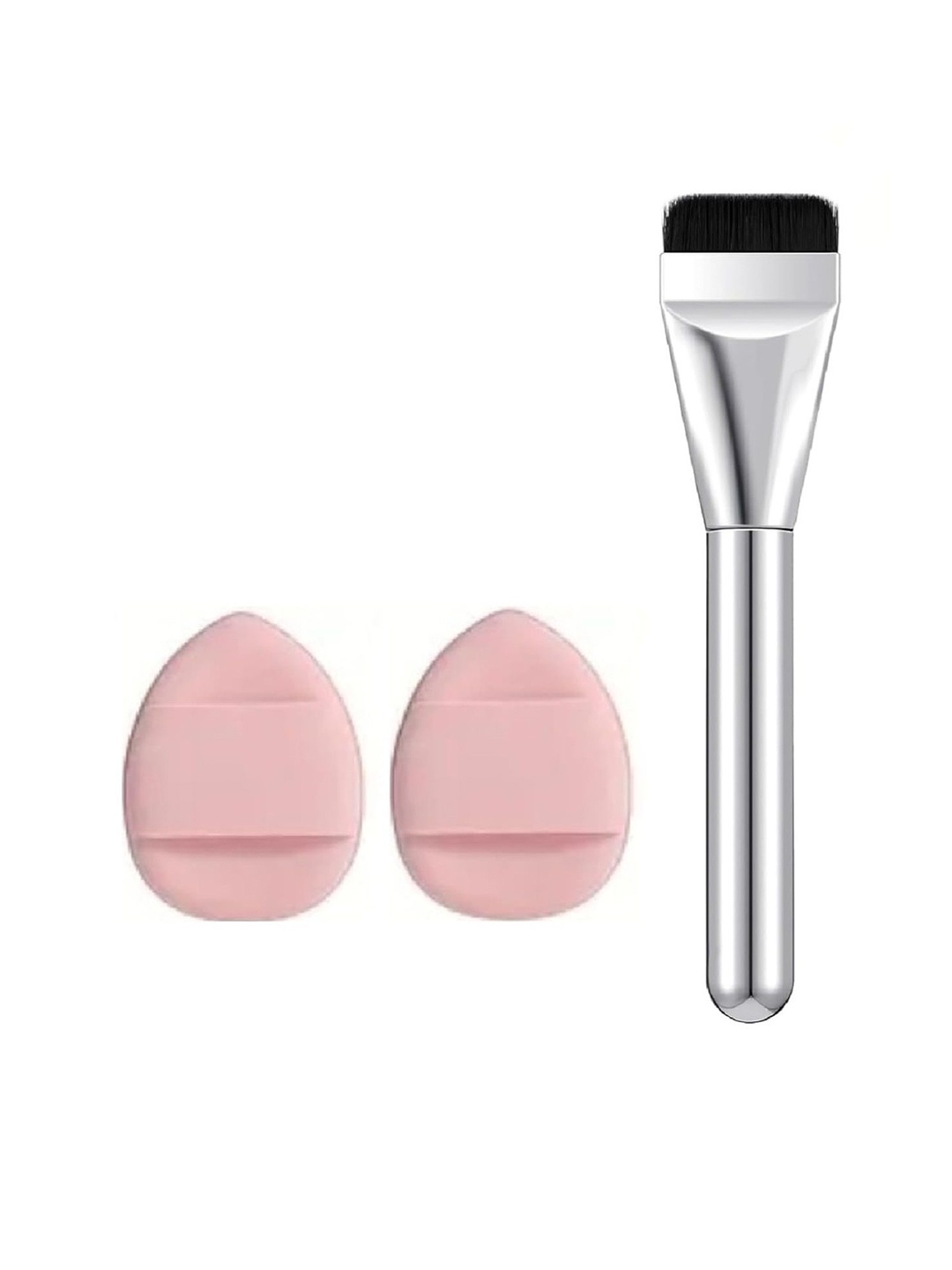 

Facejewel Set Of 3, Silvery Foundation Brush & 2 Makeup Finger Puff, Multi