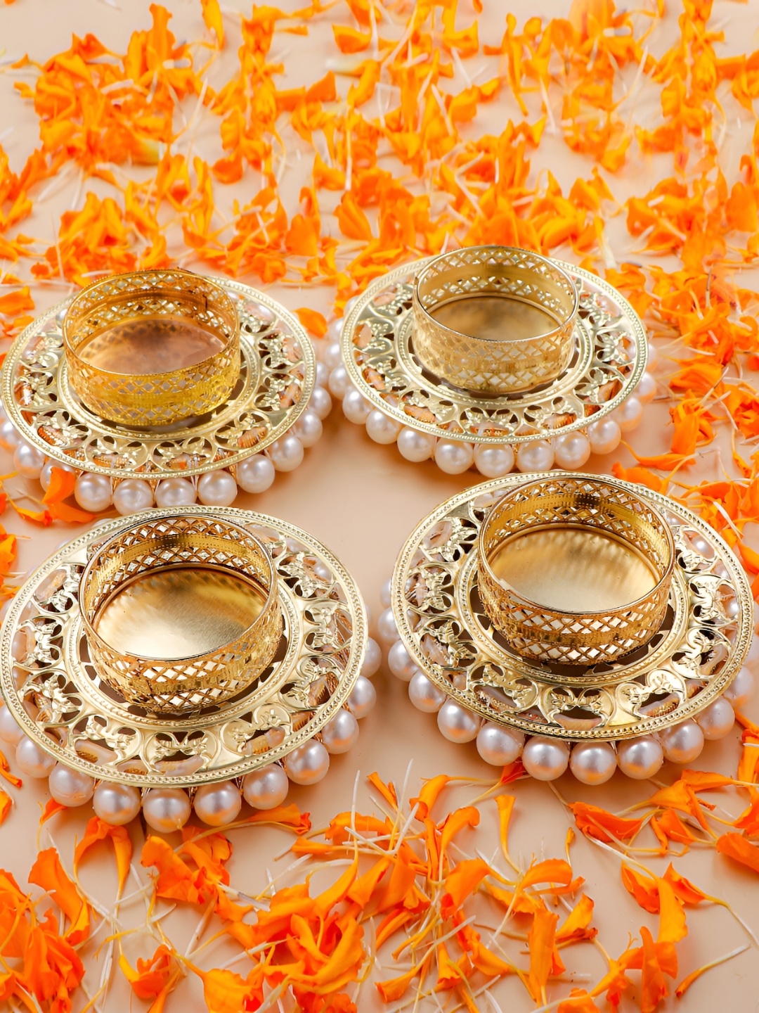 

Archies 4Pcs White Beaded Metal Diya Set, Gold