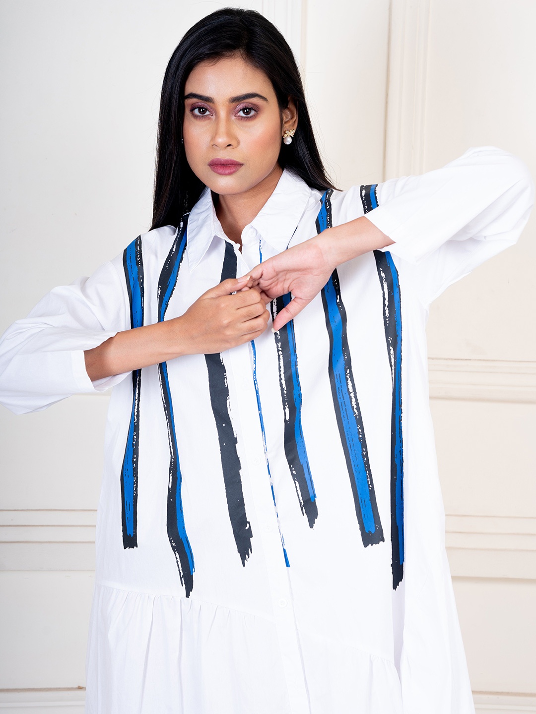 

Unityshop Women Cotton White Striped Long Sleeves Shirt Dress