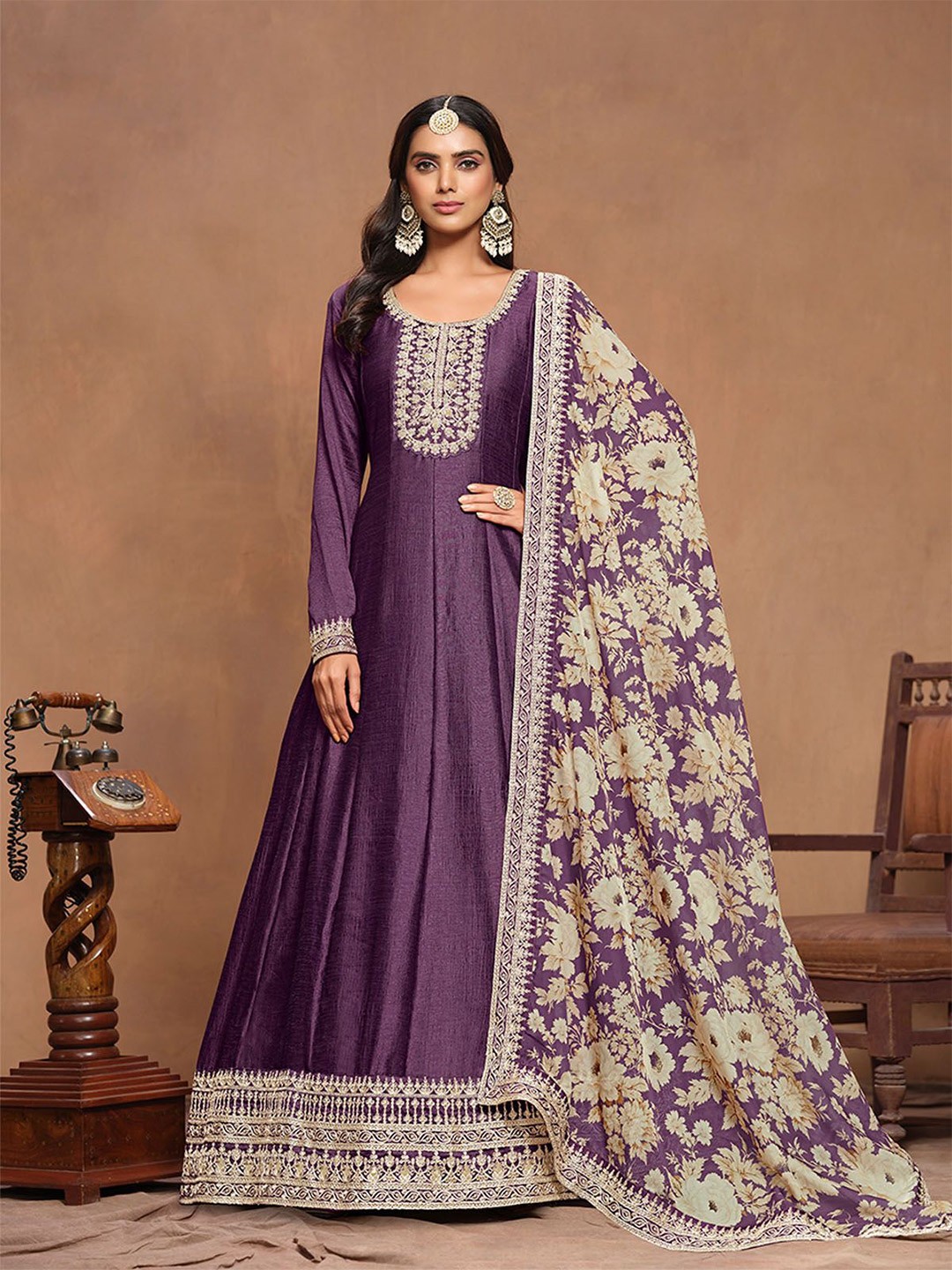 

ODETTE Floral Embroidered Sequinned Semi-Stitched Gown With Dupatta, Purple