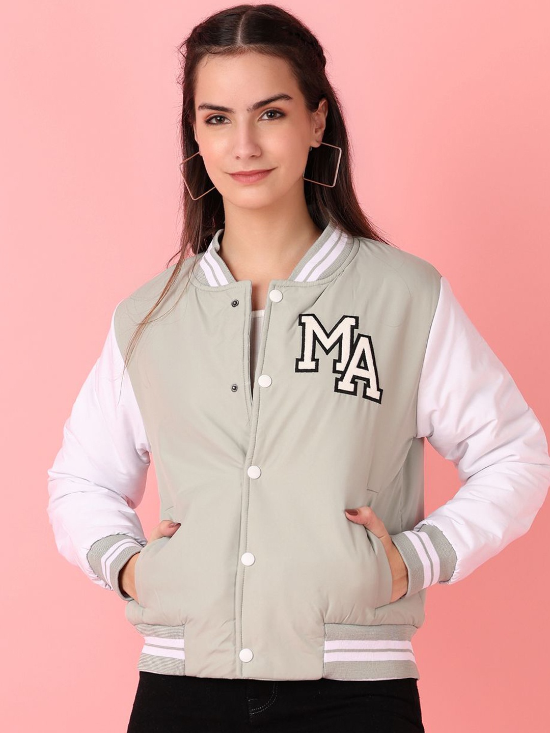 

V-Mart Women Stand Collar Typography Printed Cotton Casual Varsity Jacket, Grey