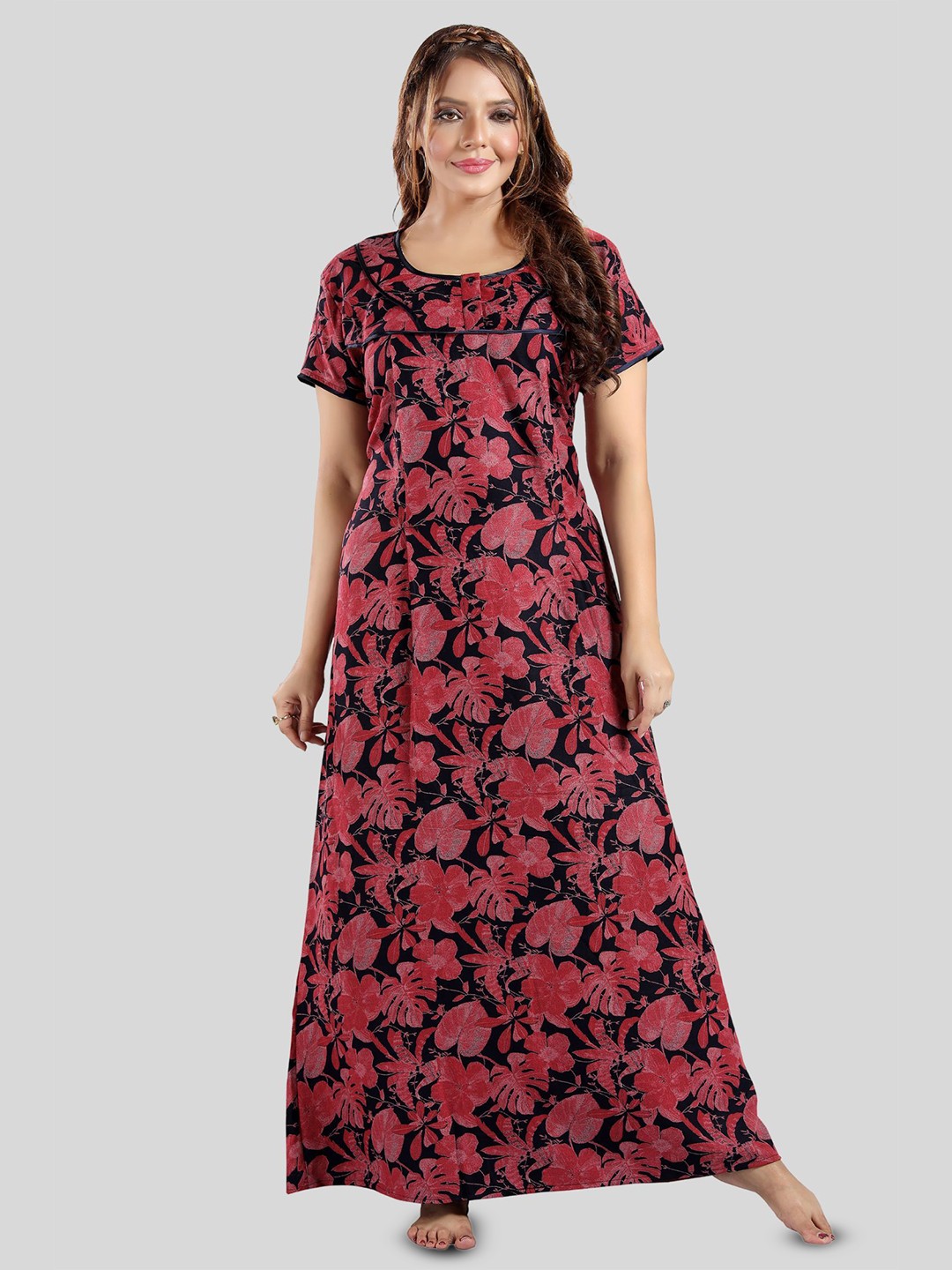 

Fabme Women Floral Printed Round Neck Maxi Nightdress, Pink