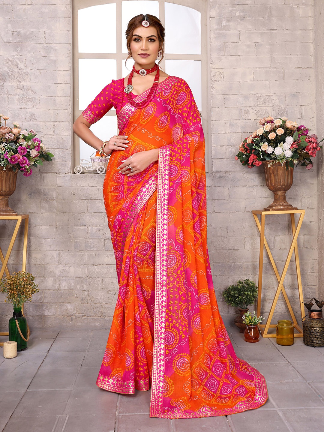

KALINI Printed Gotta Patti Bandhani Saree, Pink