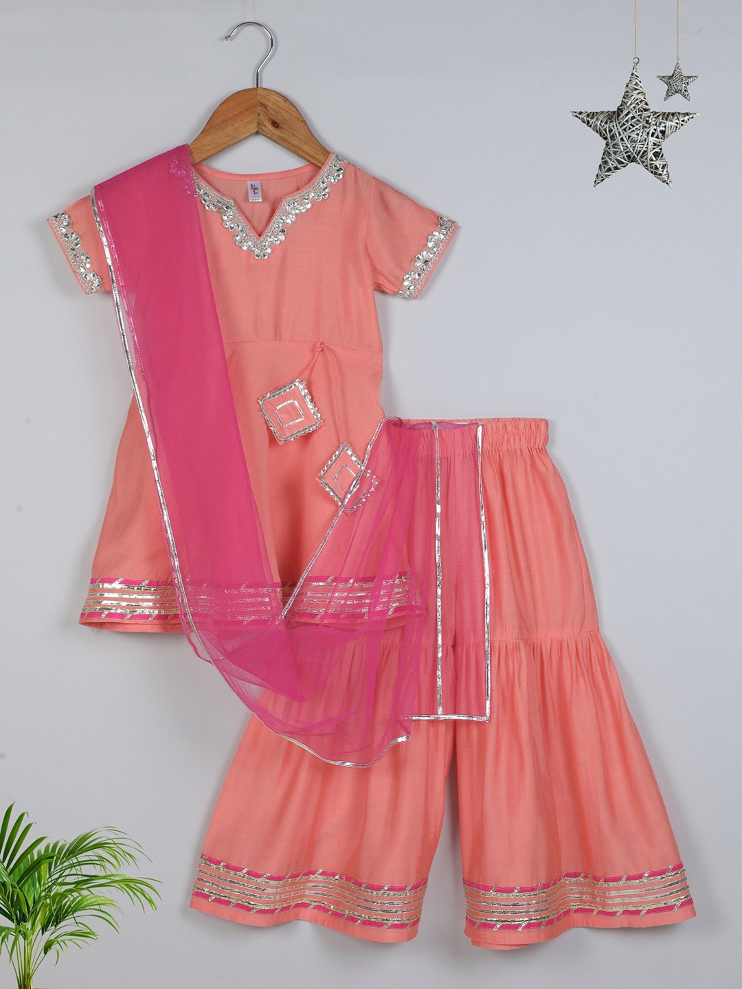 

The Magic Wand Girls Embroidered Gotta Patti A-Line Kurta With Sharara & Dupatta, Peach