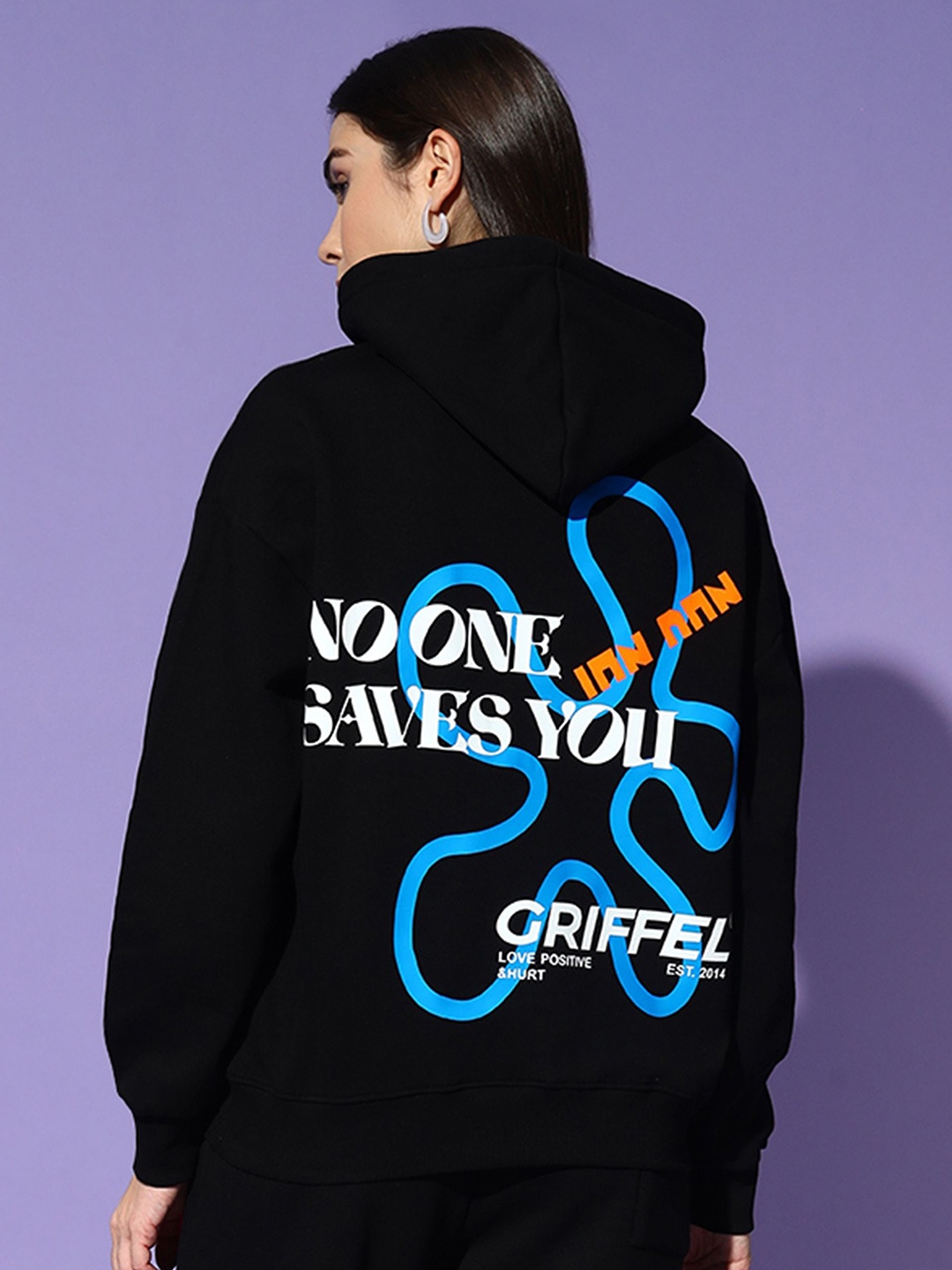 

GRIFFEL Women Printed Hooded Pullover Sweatshirt, Black