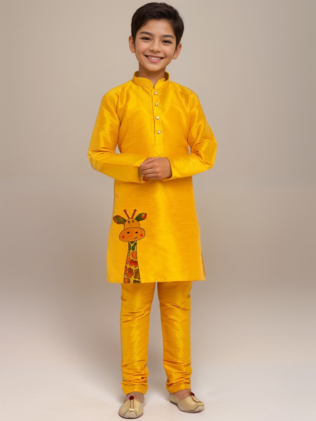 

DEVOILER Boys Animal Printed Regular Art Silk Straight Kurta with Churidar, Yellow