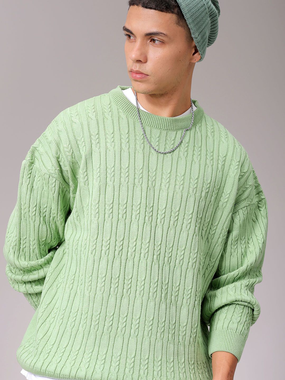 

The Indian Garage Co Men Self Design Cable Knit Pullover, Green