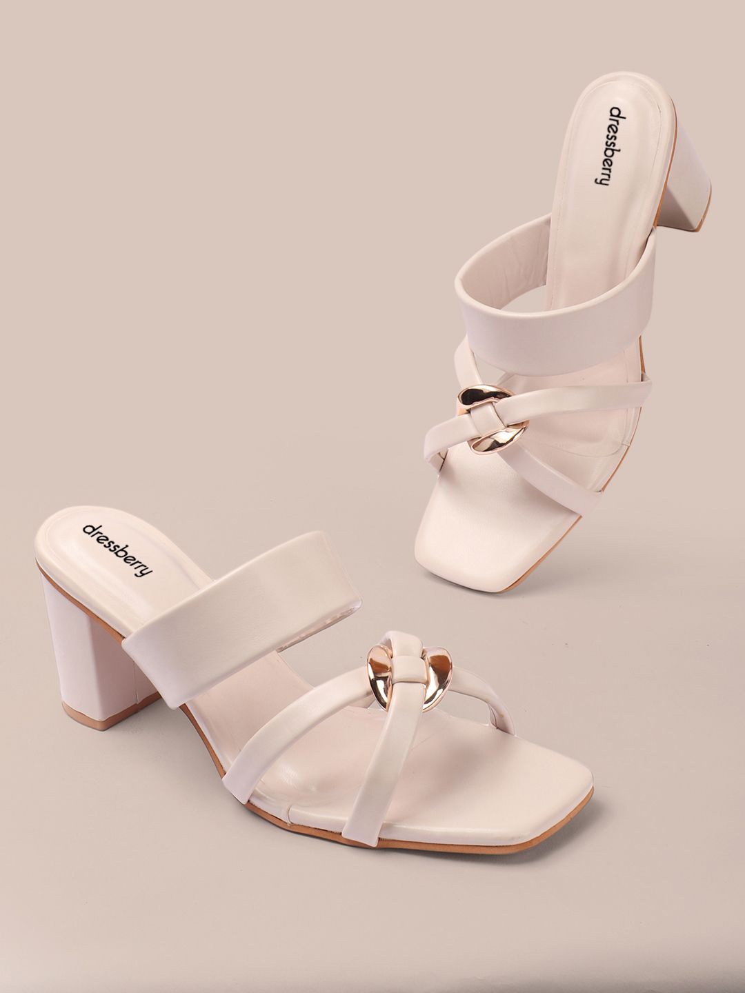 

DressBerry Women Party Block Sandals with Buckles, Cream