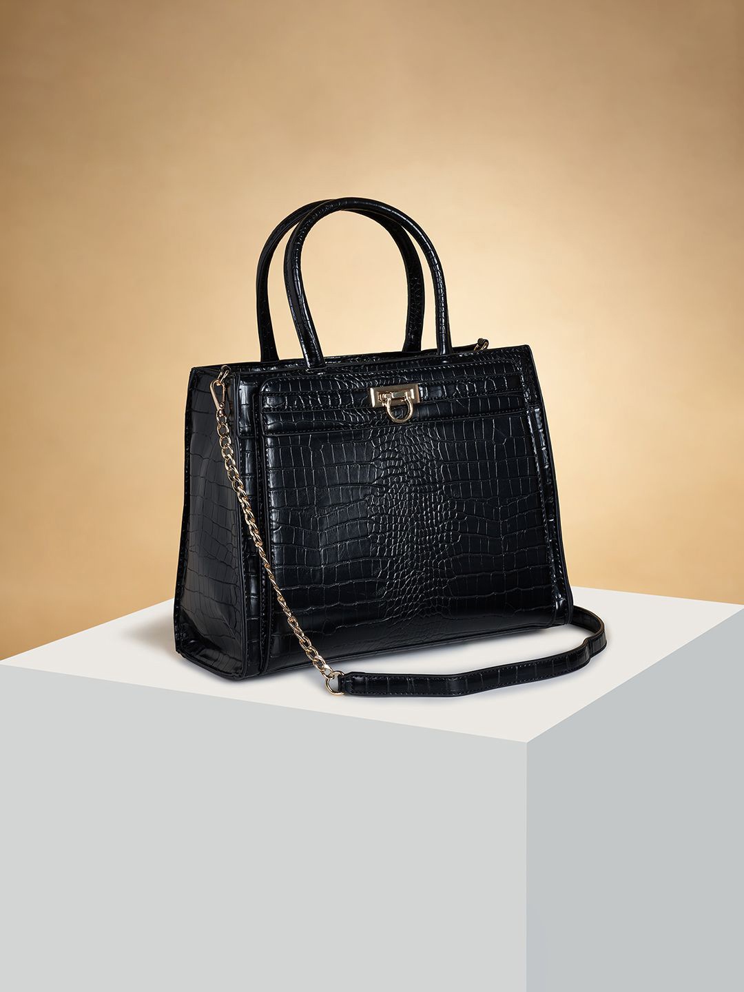 

Forever Glam by Pantaloons Women Textured Structured Handheld Bag, Black