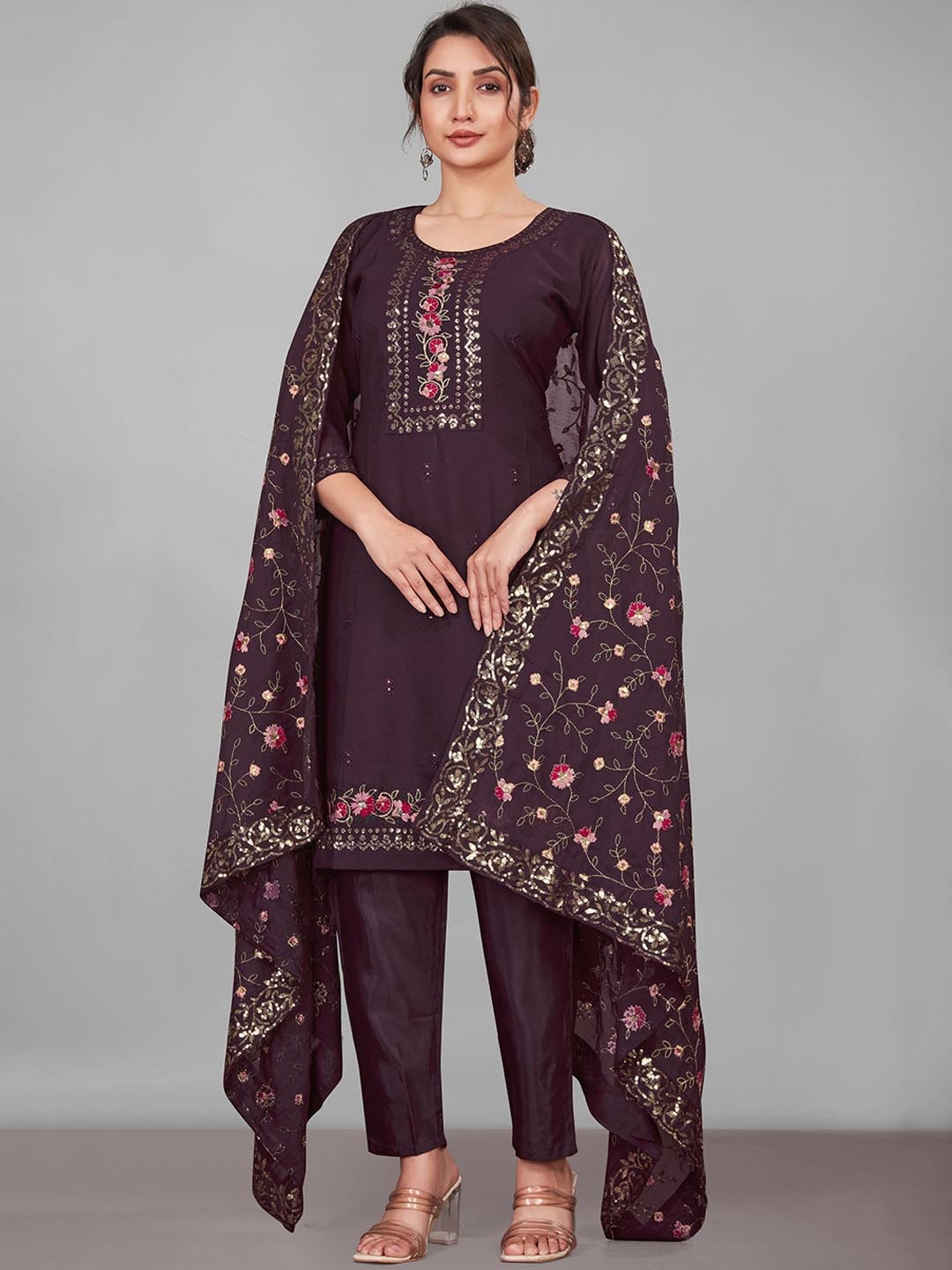 

VARNI FABRICS Ethnic Motifs Embroidered Sequined Kurta With Trousers & Dupatta, Purple