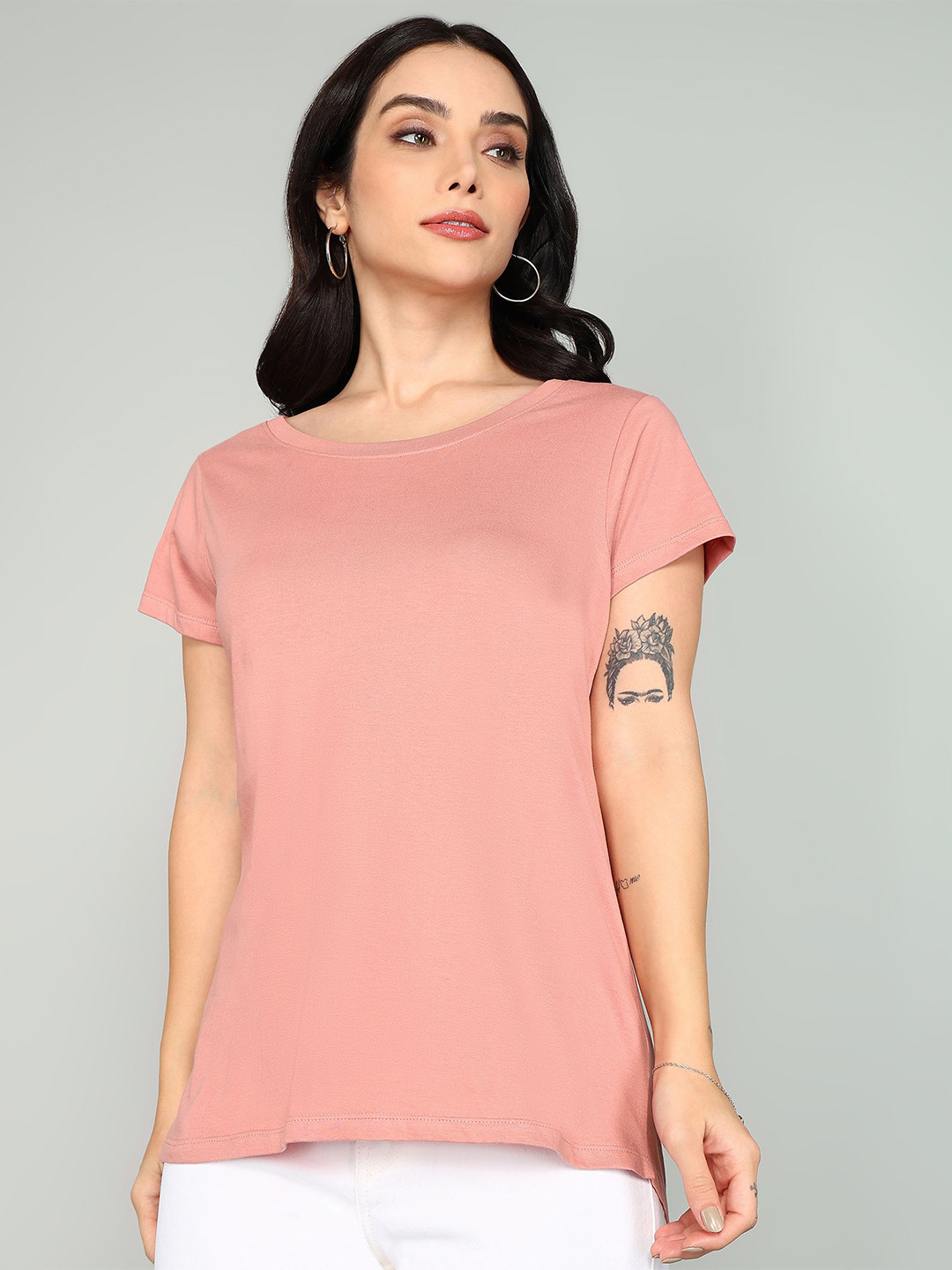

The Roadster Lifestyle Co. Women Solid Round Neck Pure Cotton T-shirt, Pink