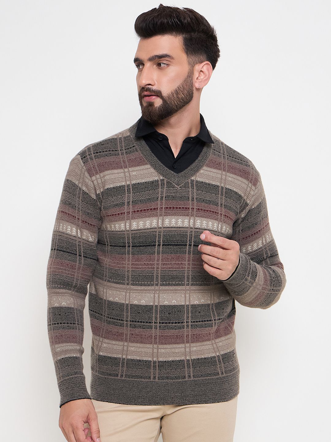 

Duke Men Striped V-Neck Winter Pullover, Brown