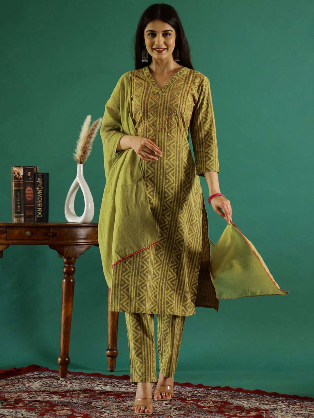 

RangDeep Geometric Printed Kantha Work Pure Cotton Kurta with Trouser & Dupatta, Green