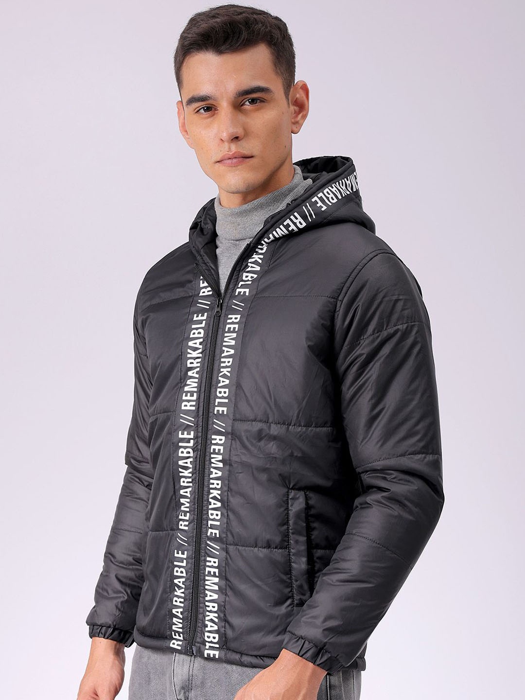 

The Indian Garage Co Men Hooded Typography Printed Puffer Jacket, Black