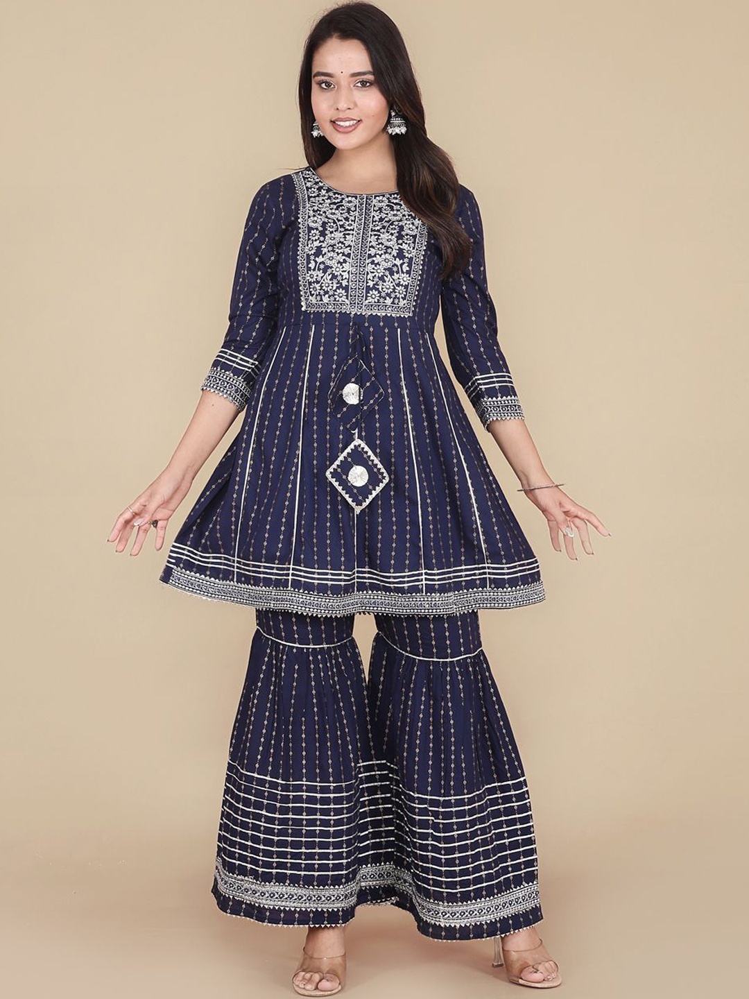 

HERE&NOW Blue Floral Printed Empire Gotta Patti Kurta With Sharara