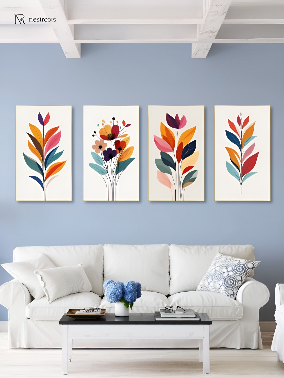 

nestroots Red & Orange 4 Pieces Floral and Botanical Canvas Painting Wall Arts