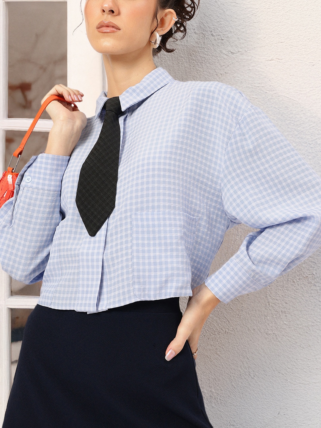 

DressBerry Minimal Muse Checked Seersucker Shirt with Tie, Blue