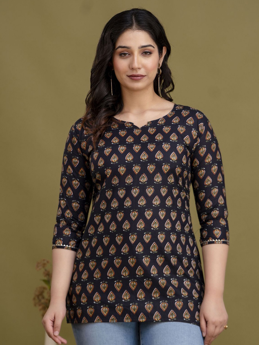 

NITVAN Floral Printed Cotton Top, Black