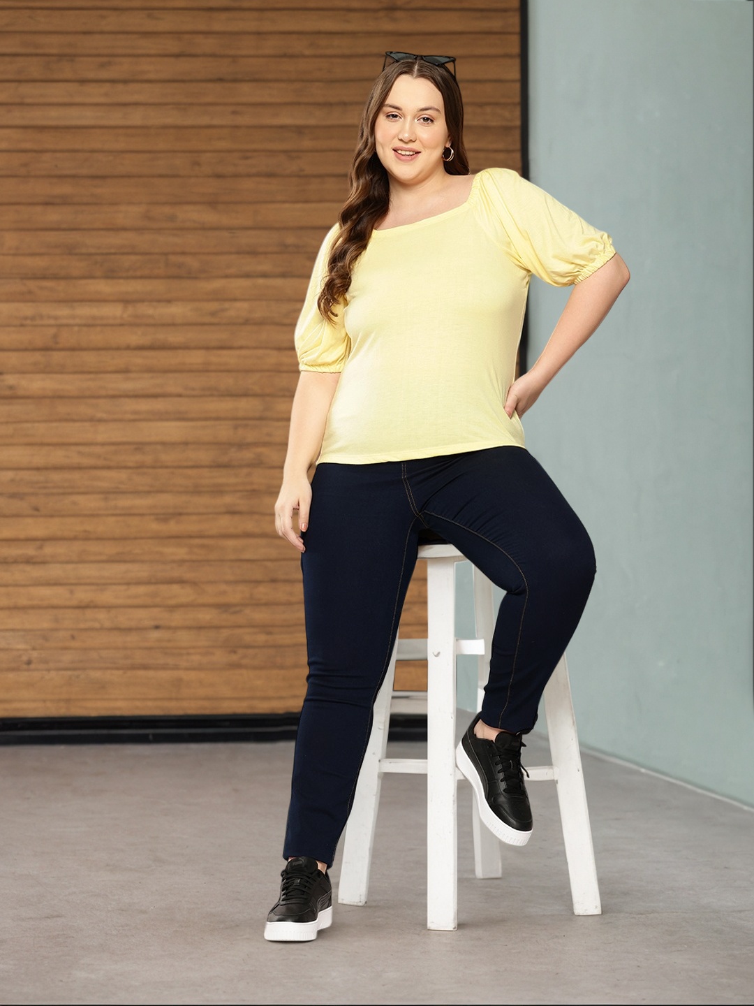 

Sztori Plus Size Puff Sleeves Top, Yellow