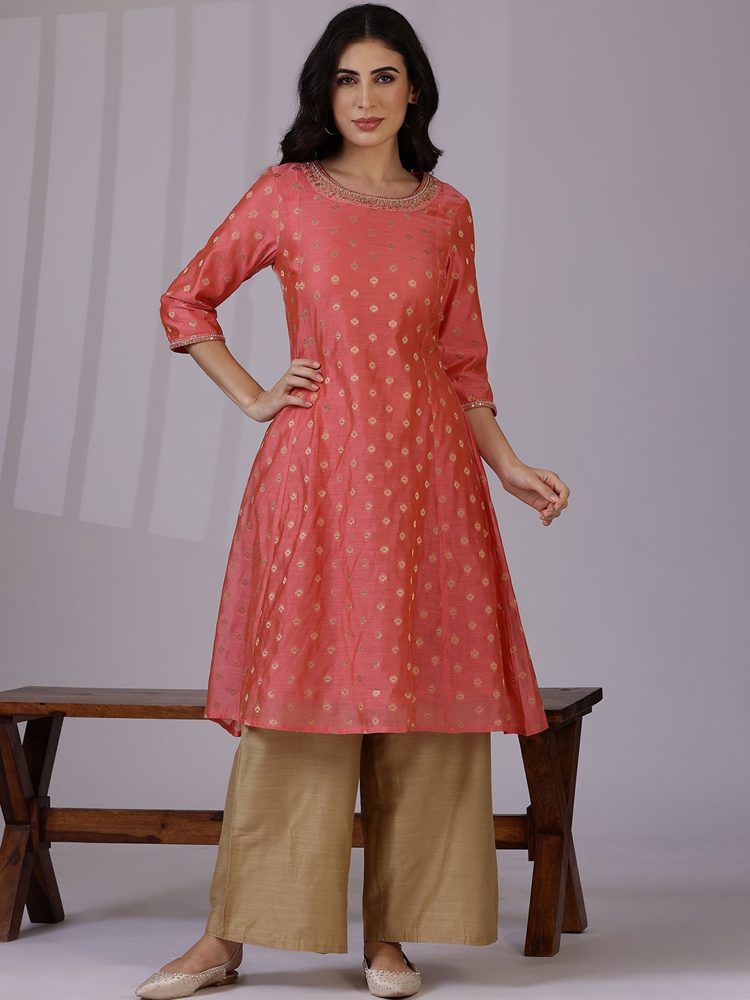 

W Pink Ethnic Motifs Woven Design Round Neck Regular Sequinned A-Line Kurta