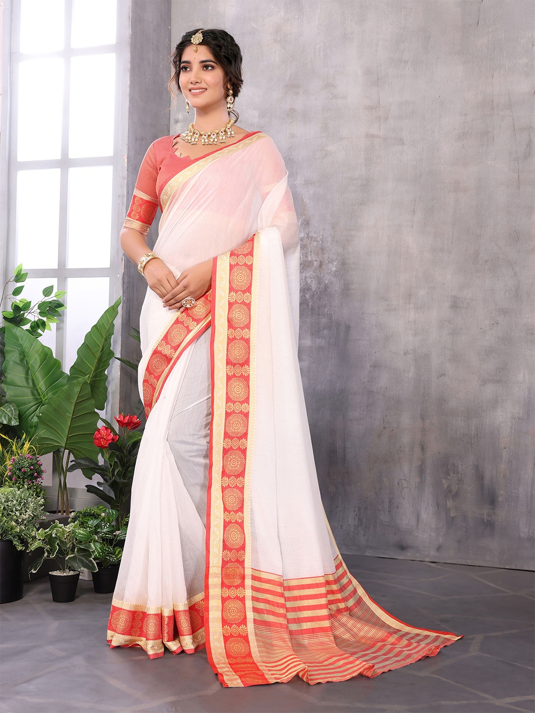 

KALINI Woven Design Saree, White