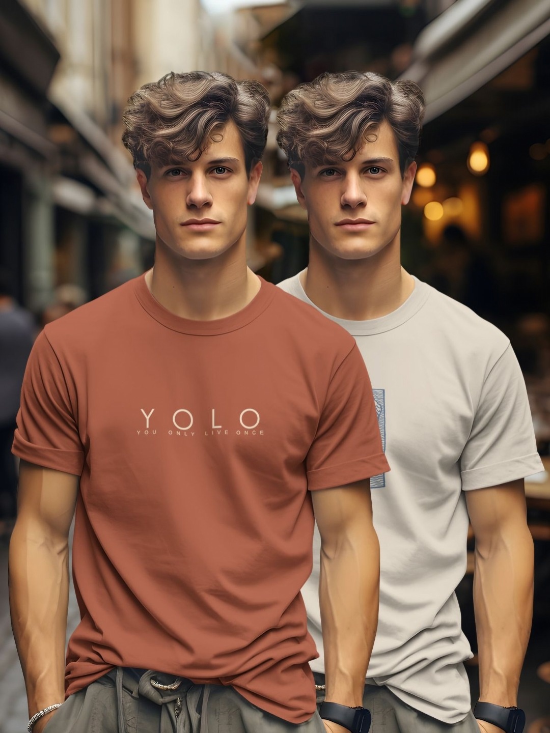 

BULLMER Men Pack Of 2 Graphic Printed Round Neck Cotton T-shirts, Brown