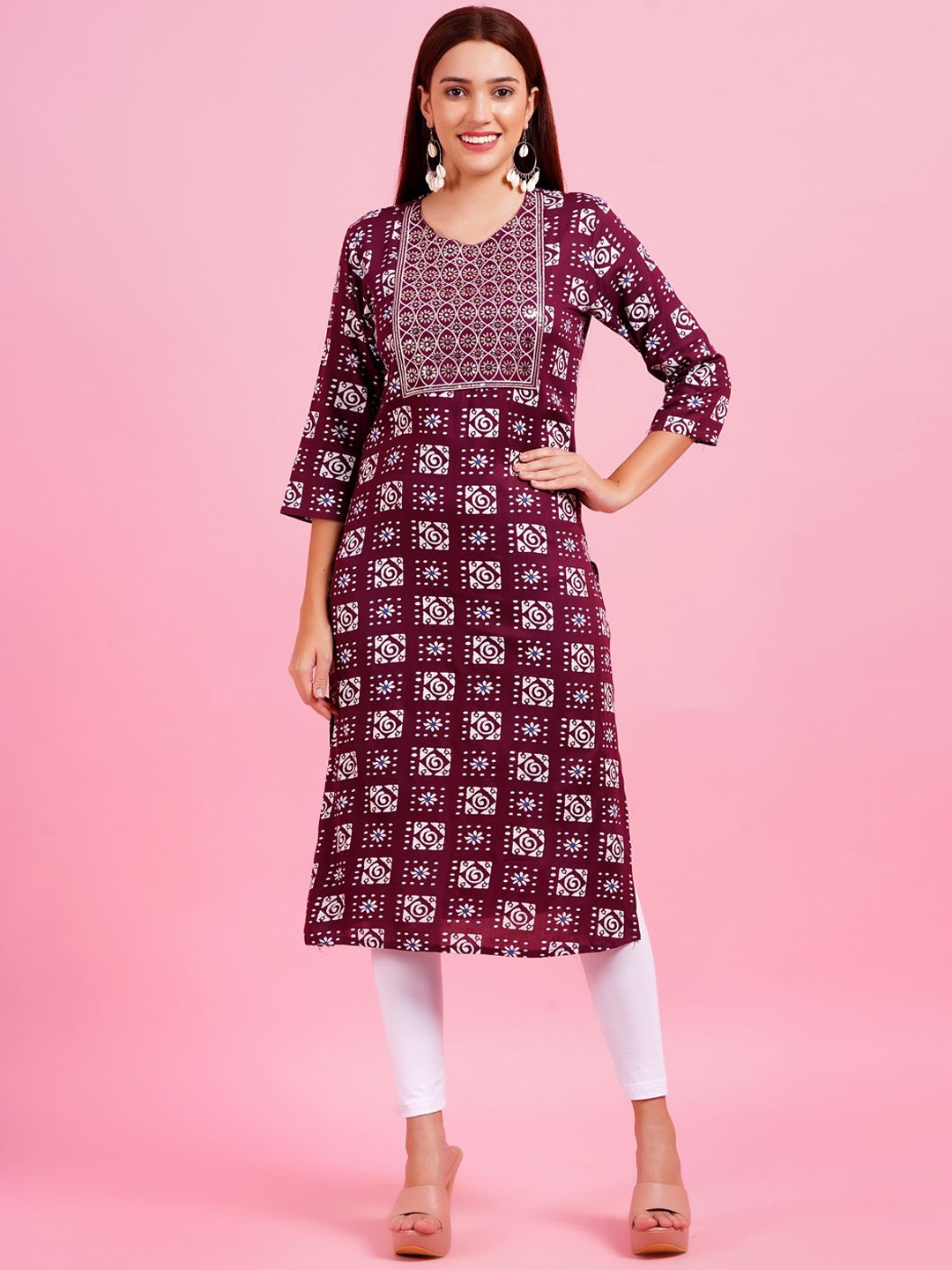 

KALINI Geometric Printed Mirror Work Cotton Straight Kurta, Maroon