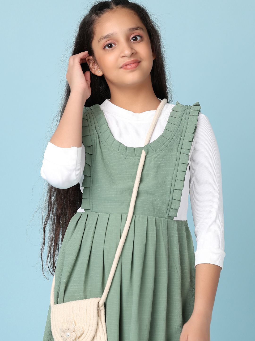 

V-Mart Girls Round neck Fit & Flare Dress, Olive